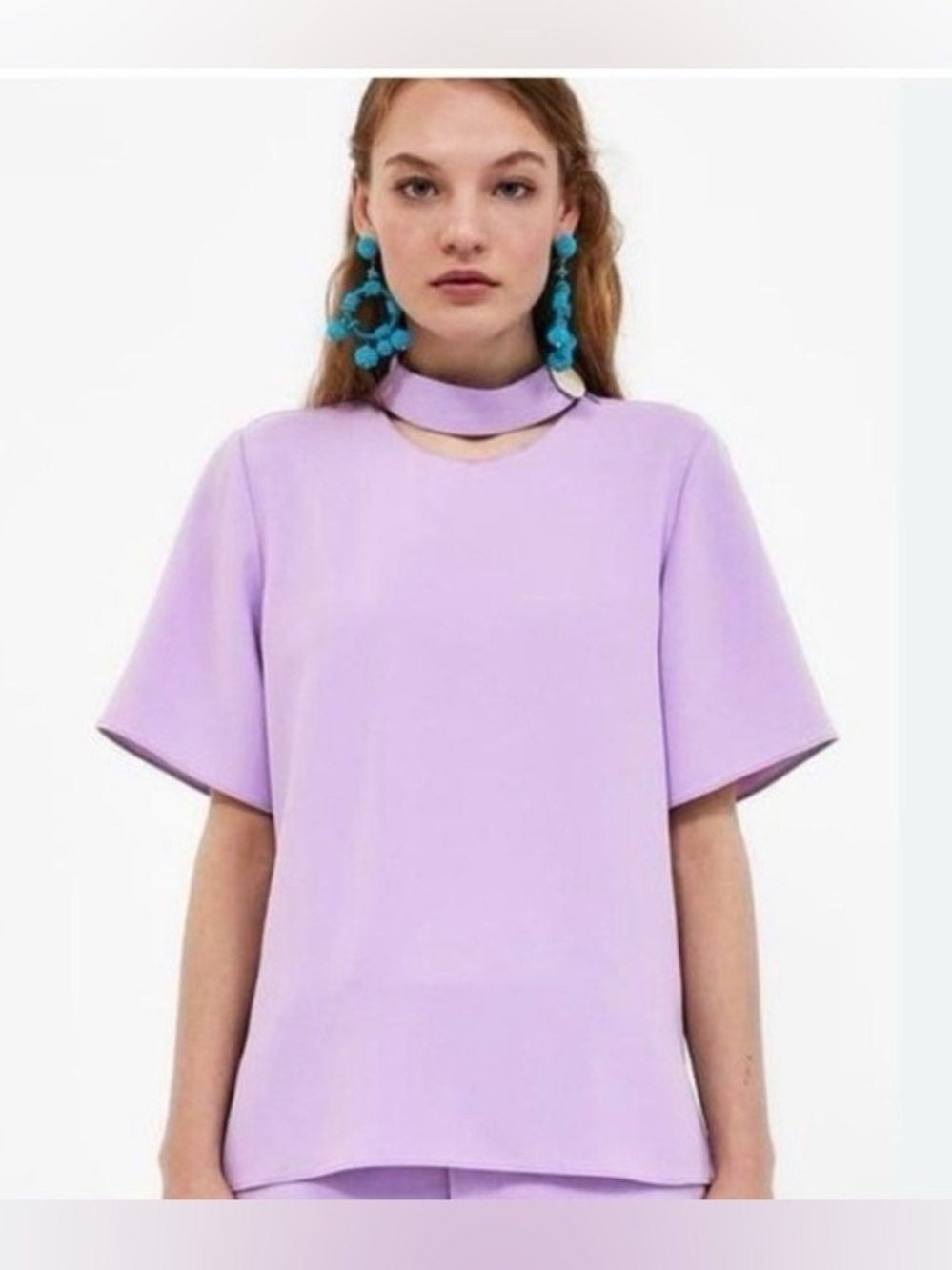 Zara Lilac Mock-Neck Short Sleeve Top with Choker Detail